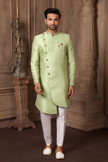 Sea Green Color Jacquard Silk Wedding Wear Readymade Indo Western For Men