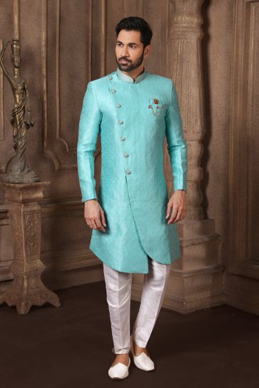Cyan Color Jacquard Silk Reception Wear Readymade Indo Western For Men
