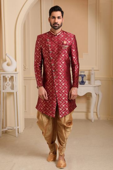 Maroon Color Jacquard Silk Wedding Wear Readymade Indo Western For Men