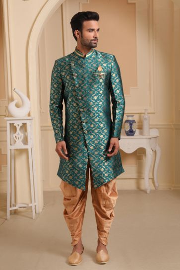 Teal Color Jacquard Silk Reception Wear Readymade Indo Western For Men