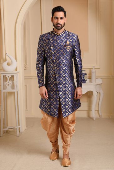 Navy Blue Color Jacquard Silk Sangeet Wear Readymade Indo Western For Men