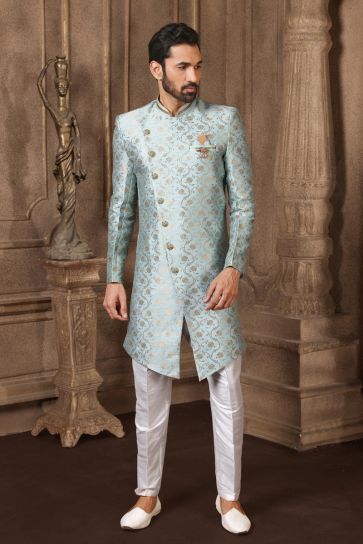 Light Cyan Color Jacquard Silk Wedding Wear Readymade Indo Western For Men