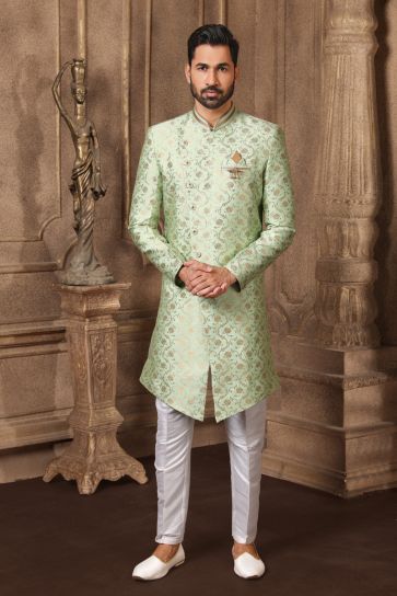 Sea Green Color Jacquard Silk Reception Wear Readymade Indo Western For Men