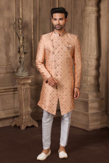 Peach Color Jacquard Silk Sangeet Wear Readymade Indo Western For Men
