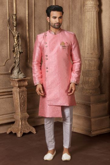 Pink Jacquard Silk Fabric Sangeet Wear Readymade Indo Western For Men