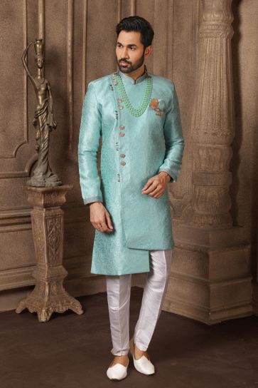 Cyan Jacquard Silk Fabric Wedding Wear Readymade Indo Western For Men