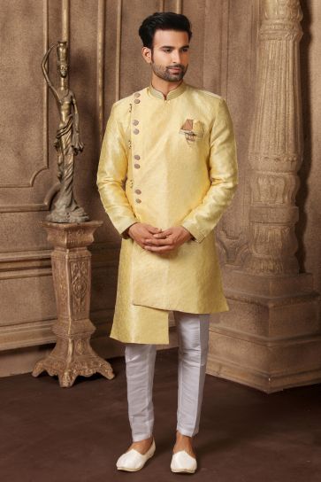 Yellow Jacquard Silk Fabric Reception Wear Readymade Indo Western For Men