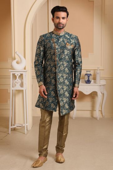 Teal Jacquard Silk Fabric Sangeet Wear Readymade Indo Western For Men