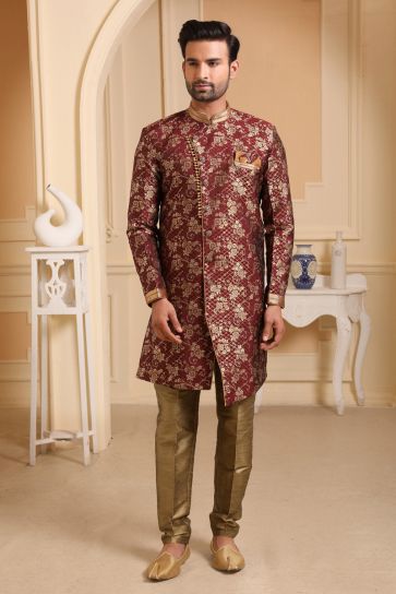 Maroon Jacquard Silk Fabric Wedding Wear Readymade Indo Western For Men