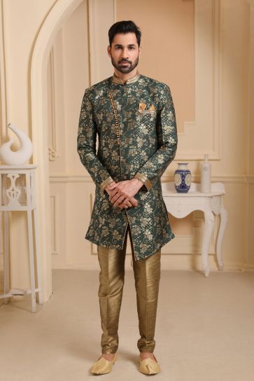 Teal Jacquard Silk Fabric Reception Wear Readymade Indo Western For Men