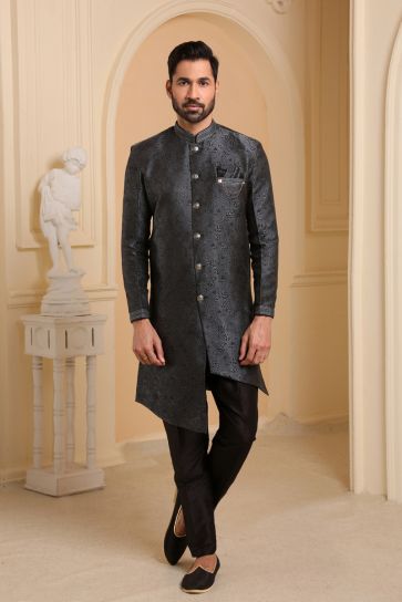 Grey Jacquard Silk Fabric Sangeet Wear Readymade Indo Western For Men