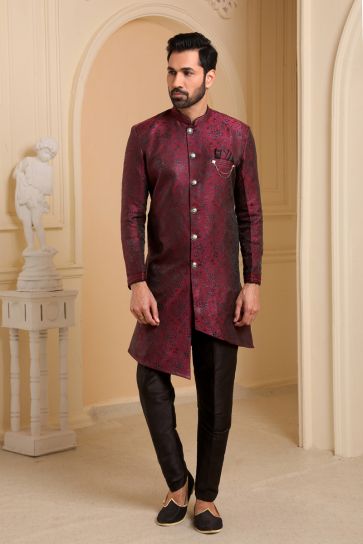 Rani Jacquard Silk Fabric Wedding Wear Readymade Indo Western For Men