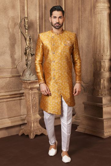 Mustard Jacquard Silk Fabric Sangeet Wear Readymade Indo Western For Men