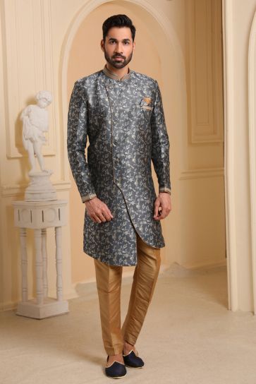 Grey Jacquard Silk Fabric Wedding Wear Readymade Indo Western For Men