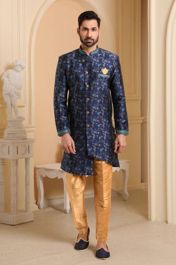 Navy Blue Jacquard Silk Fabric Sangeet Wear Readymade Indo Western For Men