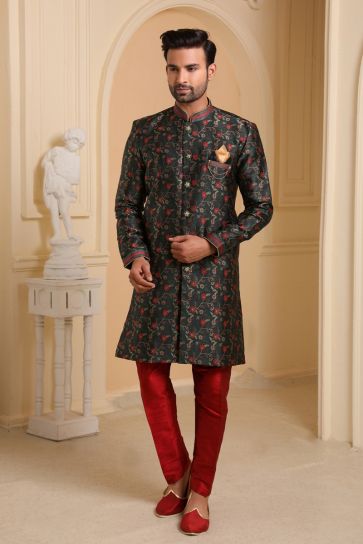Dark Olive Jacquard Silk Fabric Wedding Wear Readymade Indo Western For Men