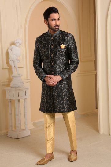 Black Jacquard Silk Fabric Sangeet Wear Readymade Indo Western For Men