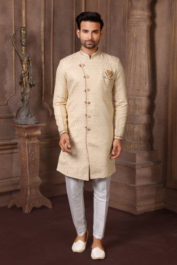 Beige Jacquard Silk Fabric Wedding Wear Readymade Indo Western For Men