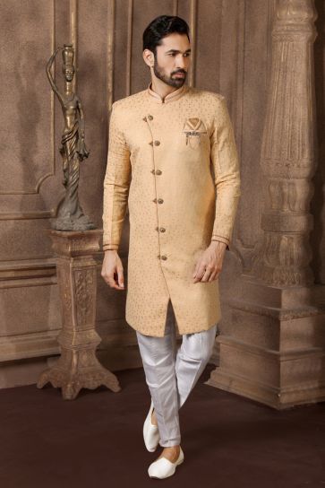 Cream Jacquard Silk Fabric Reception Wear Readymade Indo Western For Men