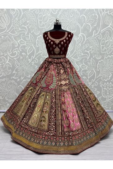 Maroon Color Velvet Bridal Wear Embroidered Lehenga Choli