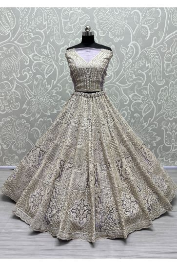 Embroidery Work Net Designer Bridal Lehenga In Grey Color With Designer Unstitched Blouse