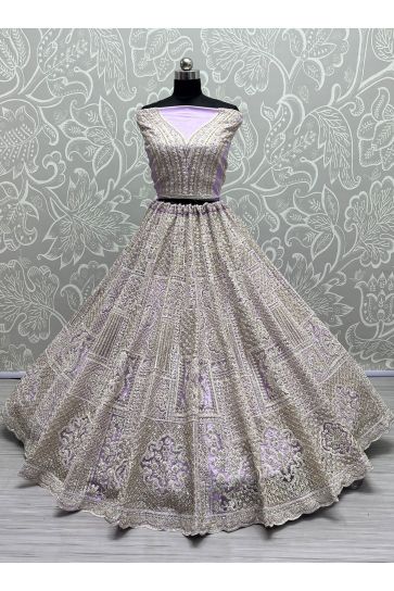 Embroidery Work Lavender Color Bridal Wear Lehenga In Net Fabric With Designer Unstitched Blouse