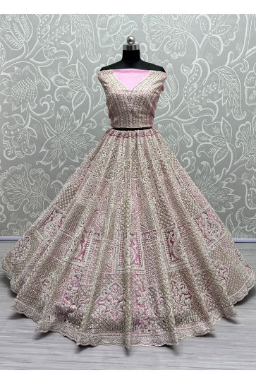 Pink Color Net Bridal Wear Lehenga Choli With Embroidery Work
