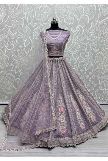Embroidery Work Purple Color Bridal Wear Lehenga In Net Fabric With Designer Unstitched Blouse