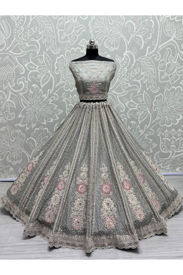 Grey Color Net Bridal Wear Lehenga Choli With Embroidery Work