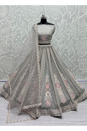 Grey Color Net Bridal Wear Lehenga Choli With Embroidery Work