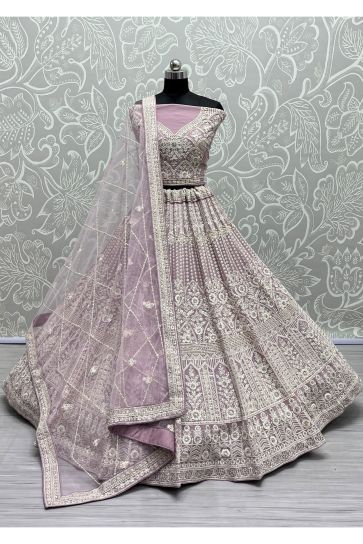 Lavender Color Net Fabric Bridal Lehenga Choli With Embroidery Work