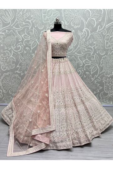 Embroidery Work Bridal Lehenga In Pink Color Net Fabric With Blouse