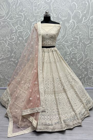 Embroidery Work Net Fabric Designer Lehenga In Beige Color With Blouse