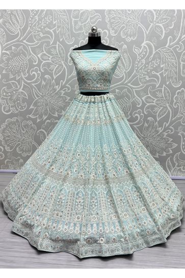 Cyan Net Heavy Embroidered Bridal Designer Lehenga Choli