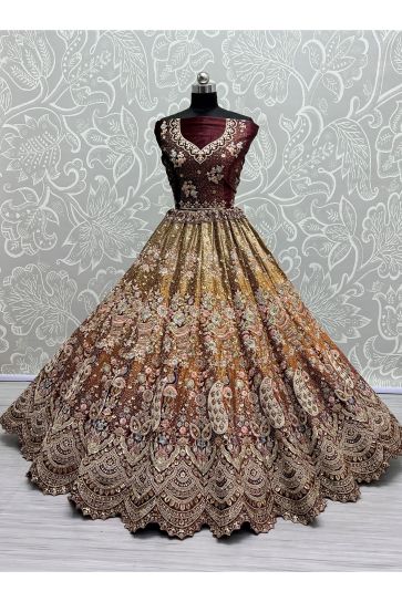 Embroidery Work Velvet Fabric Designer Lehenga In Brown Color With Blouse