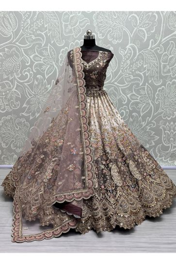 Velvet Fabric Wedding Wear 3 Piece Lehenga Choli In Beige Color With Embroidery Work