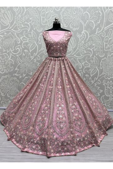 Net Fabric Bridal Lehenga Choli With Embroidery Work In Pink Color