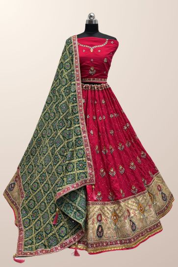 Fabulous Sequins Work Silk Fabric Rani Color Lehenga