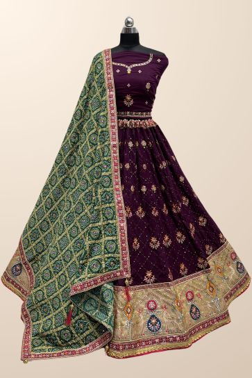Purple Color Silk Fabric Sequins Designs Glamorous Look Lehenga