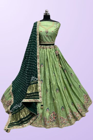 Dola Silk Fabric Magnificent Lehenga In Sea Green Color In Embroidered Work