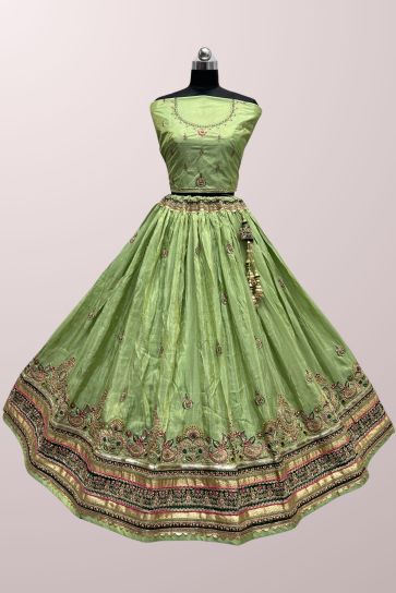 Embroidered Work Green Color Fashionable Lehenga In Dola Silk Fabric
