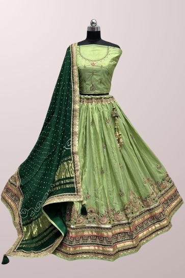 Embroidered Work Green Color Fashionable Lehenga In Dola Silk Fabric