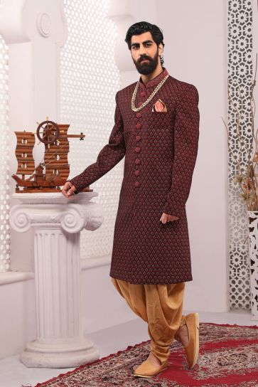 Appealing Maroon Color Velvet Embroidered Work Wedding Function Readymade Trendy Indo Western For Men