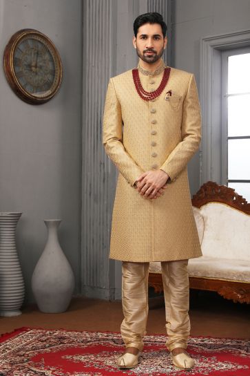 Captivating Cream Color Banarasi Silk Embroidered Work Wedding Function Readymade Stylish Indo Western For Men