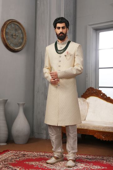 Fetching Beige Color Banarasi Silk Embroidered Work Wedding Function Readymade Trendy Indo Western For Men