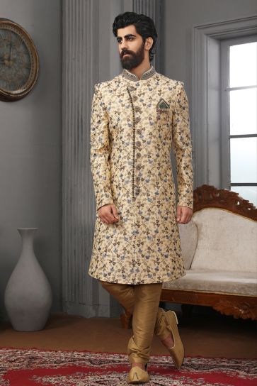 Striking Beige Color Banarasi Silk Embroidered Work Wedding Function Readymade Stylish Indo Western For Men
