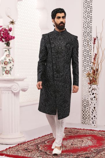 Stunning Black Color Fancy Embroidered Work Wedding Function Readymade Trendy Indo Western For Men
