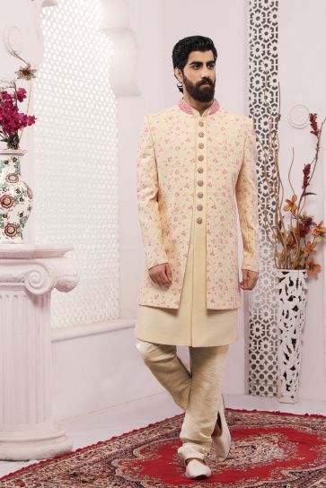 Attractive Beige Color Banarasi Silk Embroidered Work Wedding Function Readymade Designer Indo Western For Men