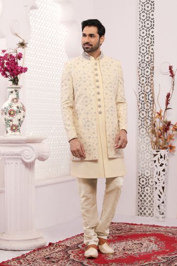 Enriching Beige Color Banarasi Silk Embroidered Work Wedding Function Readymade Stylish Indo Western For Men
