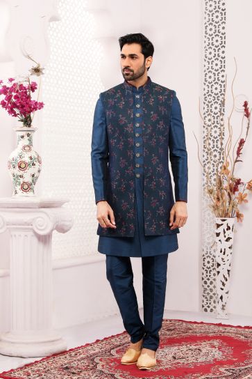 Splendiferous Navy Blue Color Jacquard Silk Embroidered Work Wedding Function Readymade Trendy Indo Western For Men